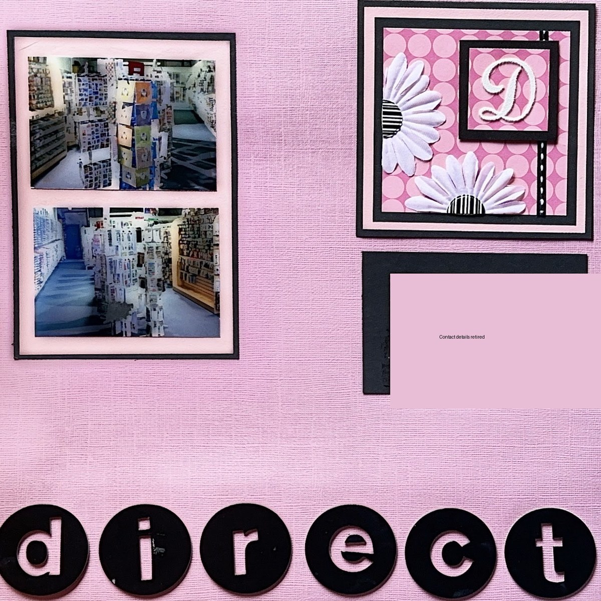 A scrapbook page preserving photographs of the dMarie Direct store