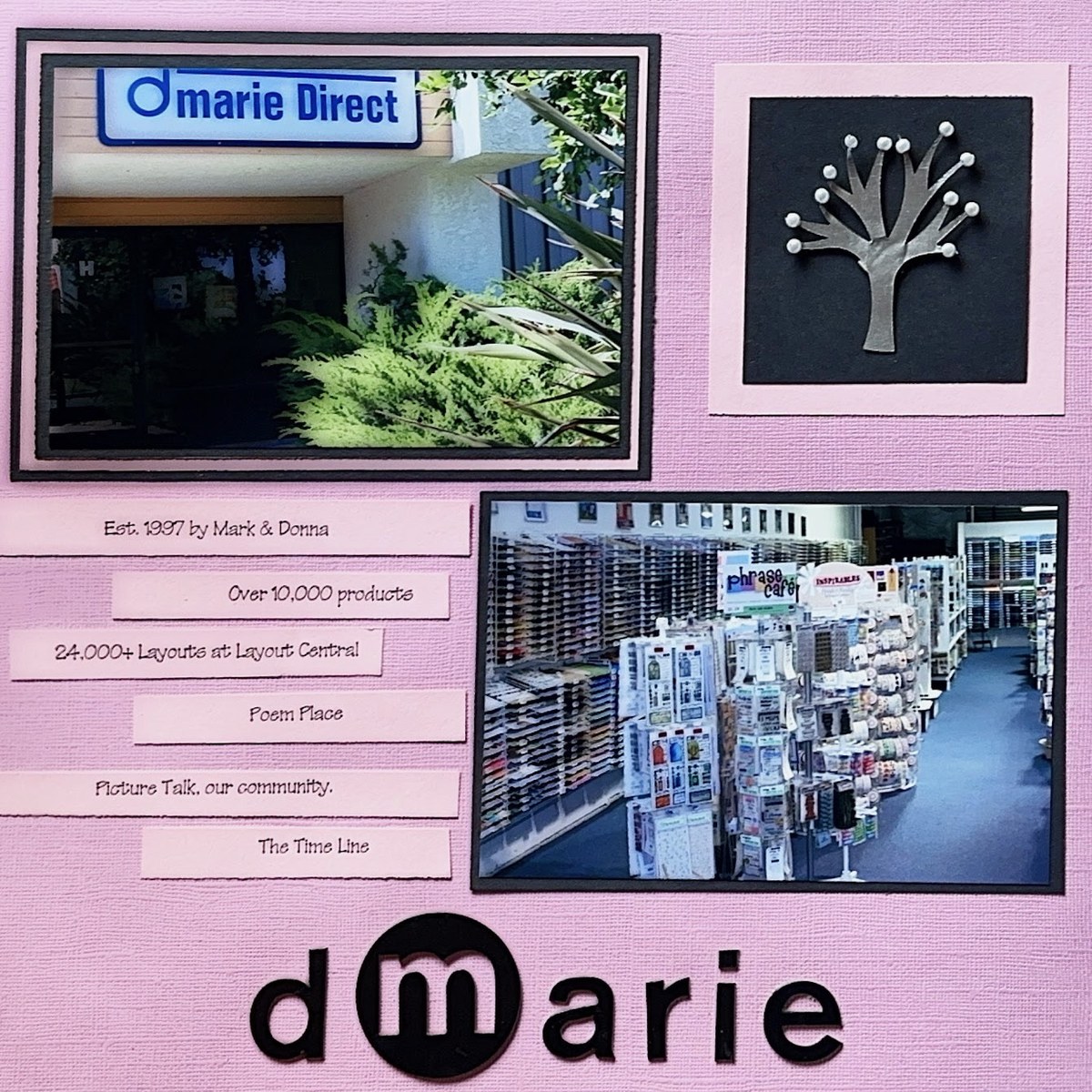A scrapbook page about dMarie Direct and its community